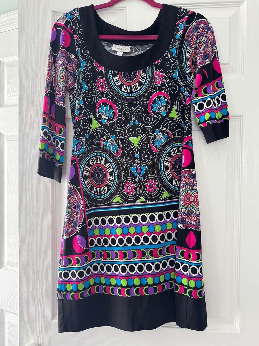 dressbarn Black Multicolor Geometric & Floral Scoop-Neck Midi Dress